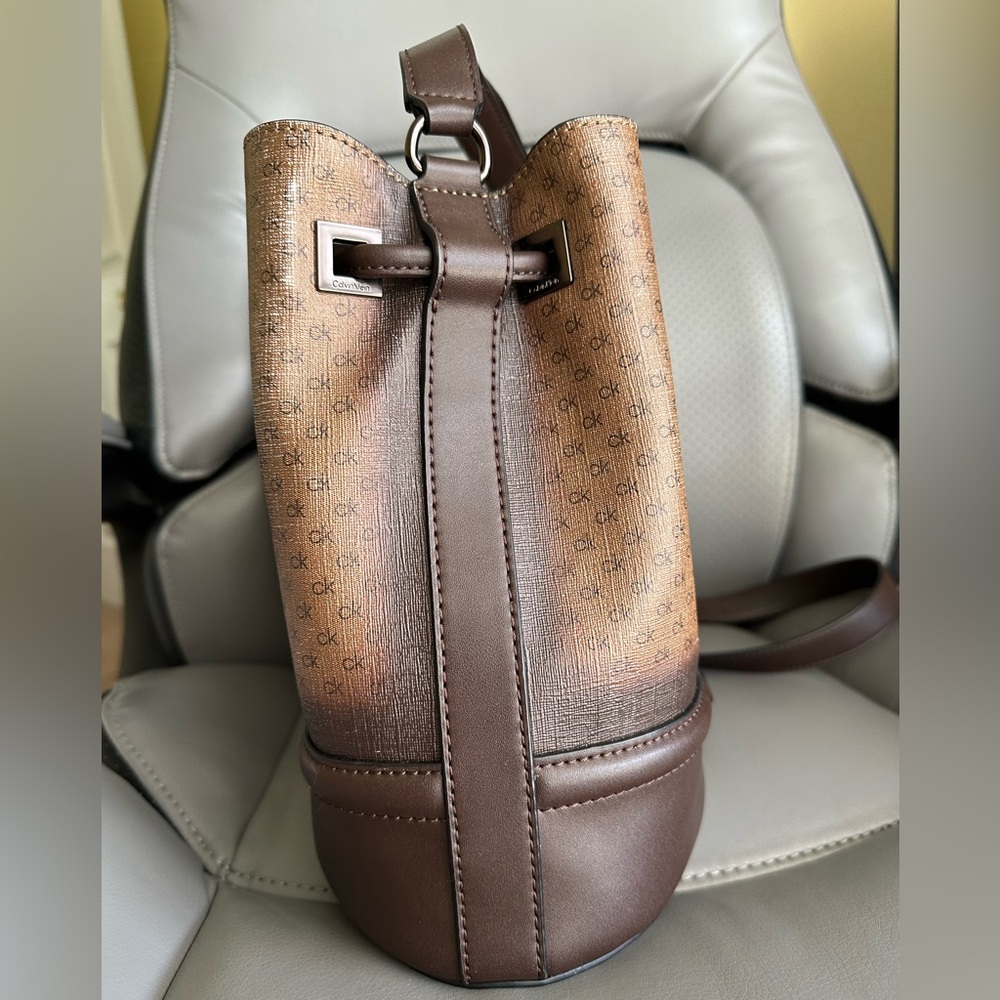 Calvin Klein Coated Canvas w/Leather Bucket CrossbodyBag, Brown/Tan Color - Picture 4 of 13